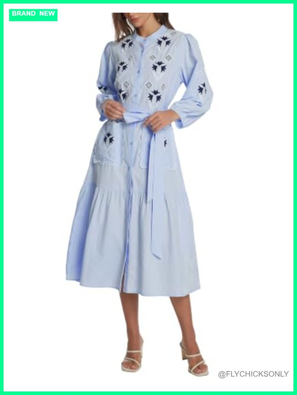 Womens Long Sleeve Midi Dress Embroidered Button Down Belted Cotton